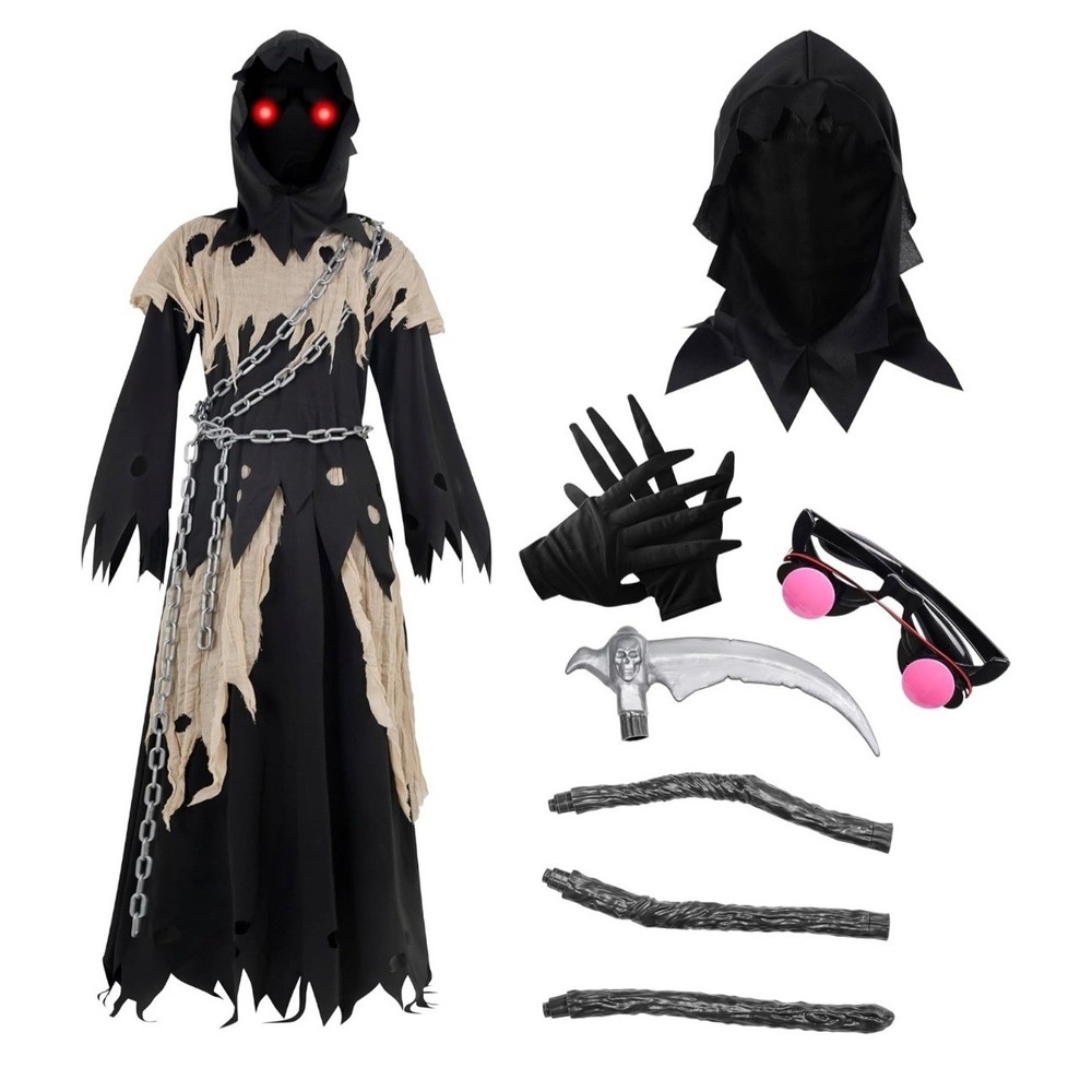 Kids Glowing Eyes Grim Reaper Costume with Light Up Glasses Gloves, Hood & Chain - Picture 4 of 6